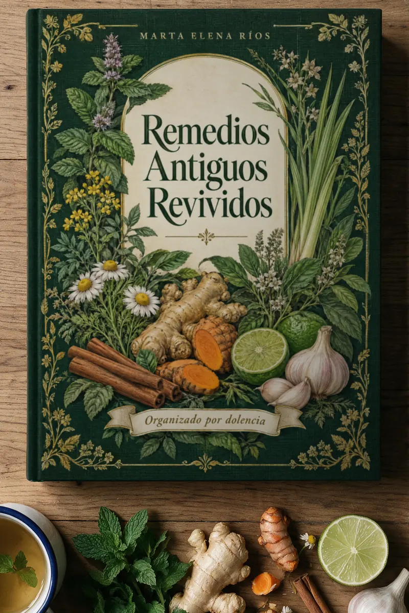 El libro Remedios Antiguos Revividos, de tapa dura verde con letras doradas, sobre una mesa de madera con hierbabuena, cúrcuma y un pocillo