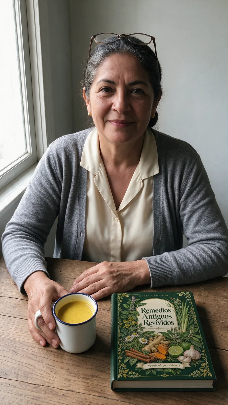 Marta sentada a su mesa, con un pocillo de cúrcuma y su libro