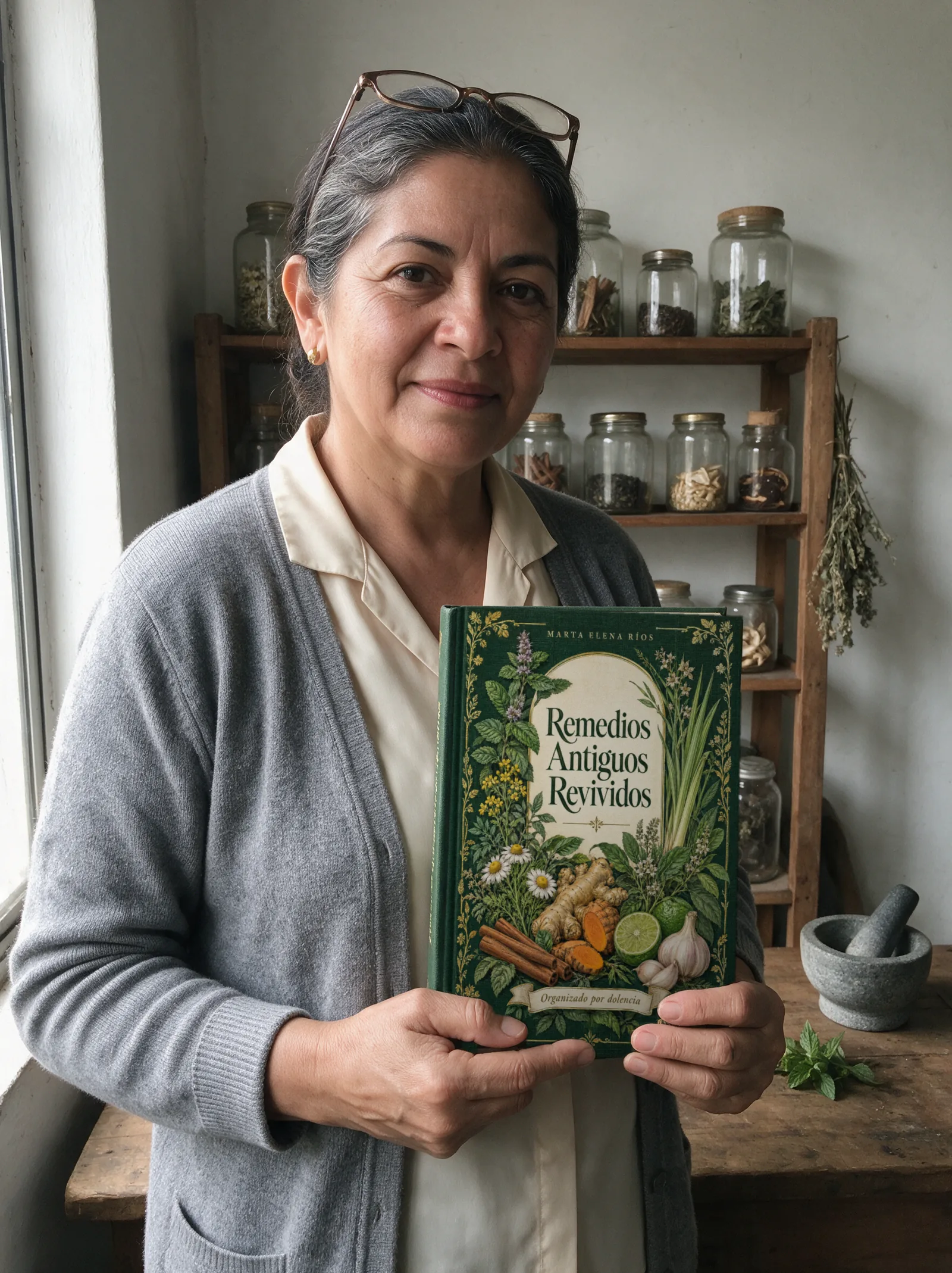 Marta Elena Ríos en su lugar de trabajo, con su libro en las manos