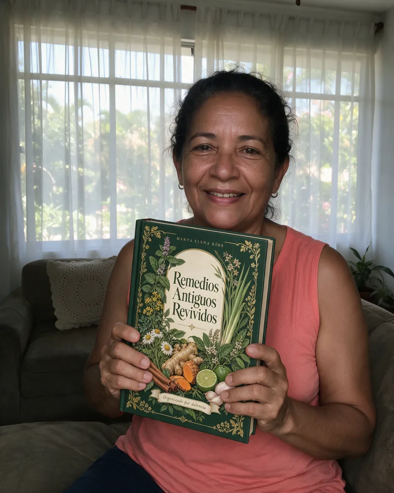 Rosa Elena, 58 años, con el libro Remedios Antiguos Revividos