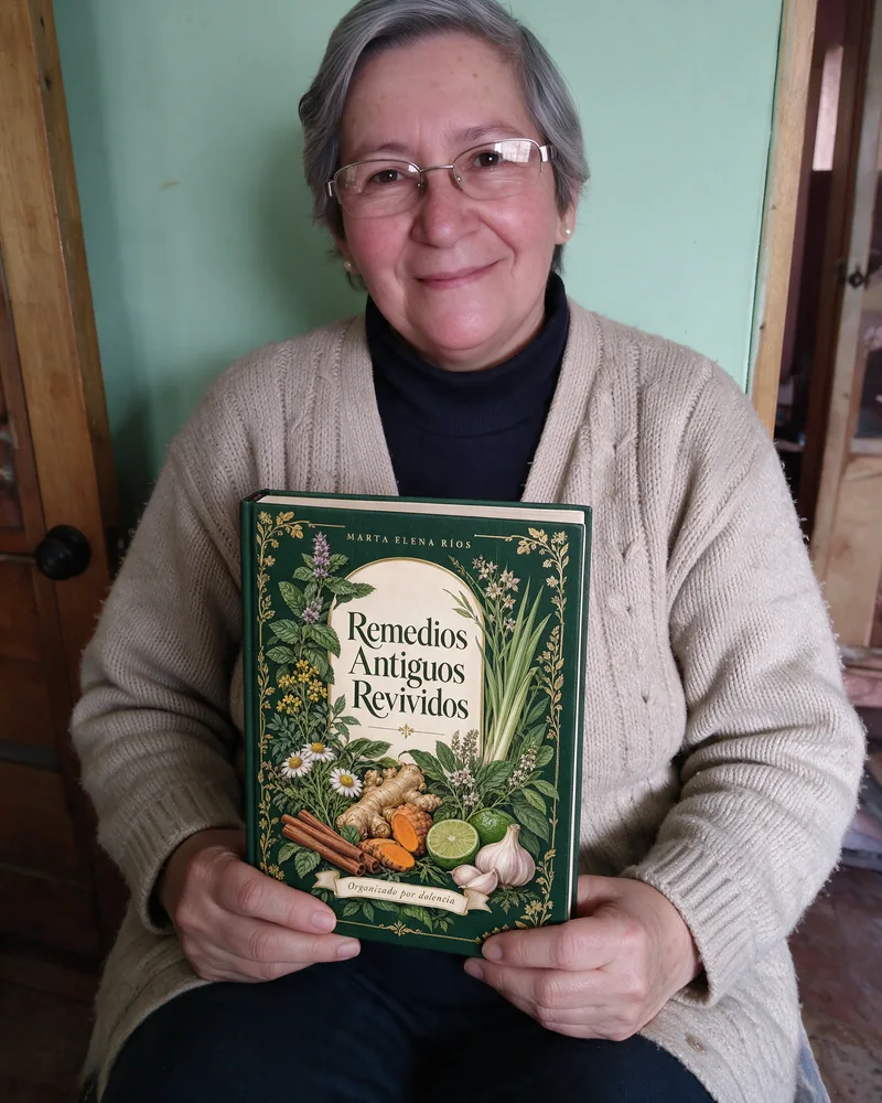 Blanca Inés, 61 años, con el libro Remedios Antiguos Revividos