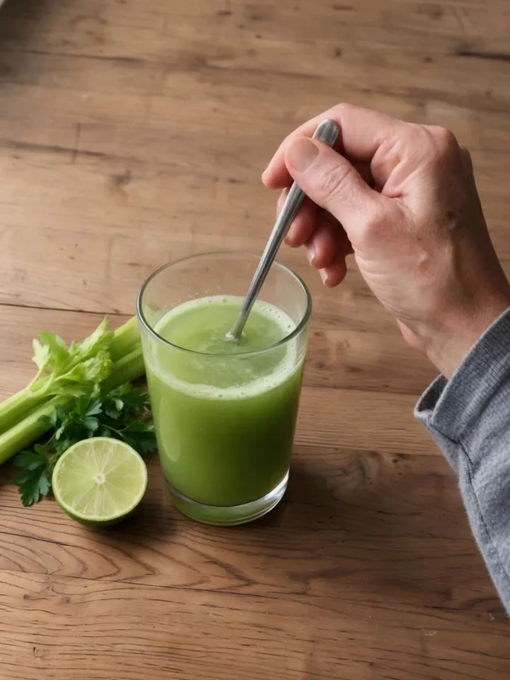 Una mano revuelve con una cuchara un vaso de agua verde de apio y perejil