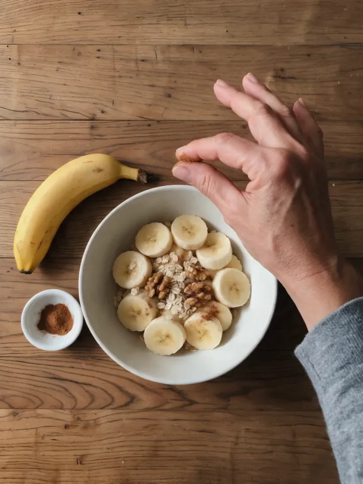 Una mano deja caer una pizca de canela sobre un tazón con banano en rodajas, avena y nueces