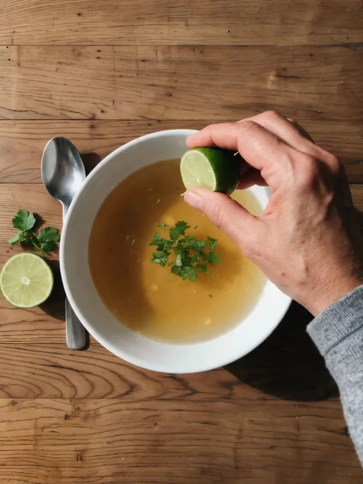 Una mano exprime medio limón sobre un tazón de caldo con cilantro