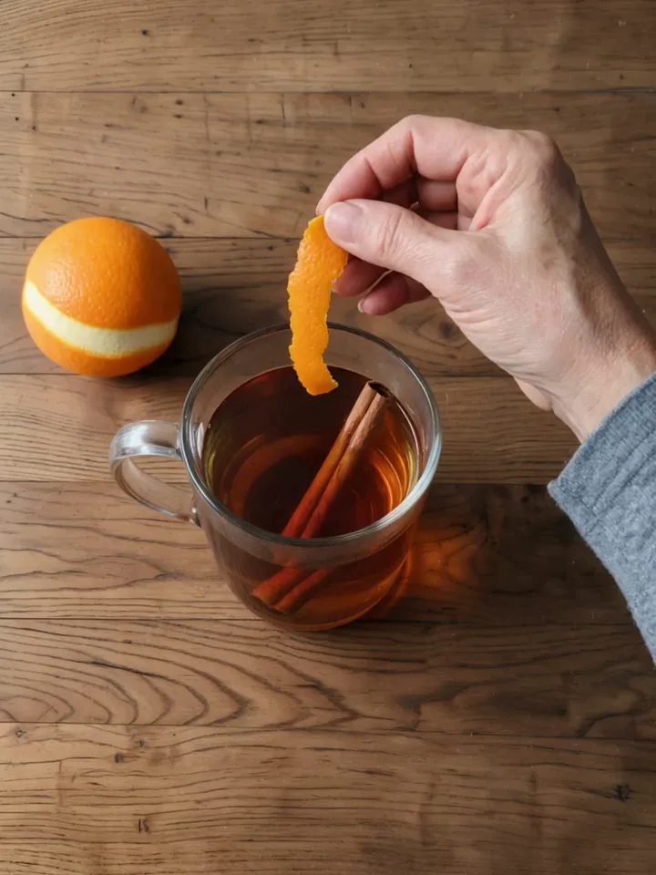 Una mano mete una tira de cáscara de naranja en una taza de vidrio con canela