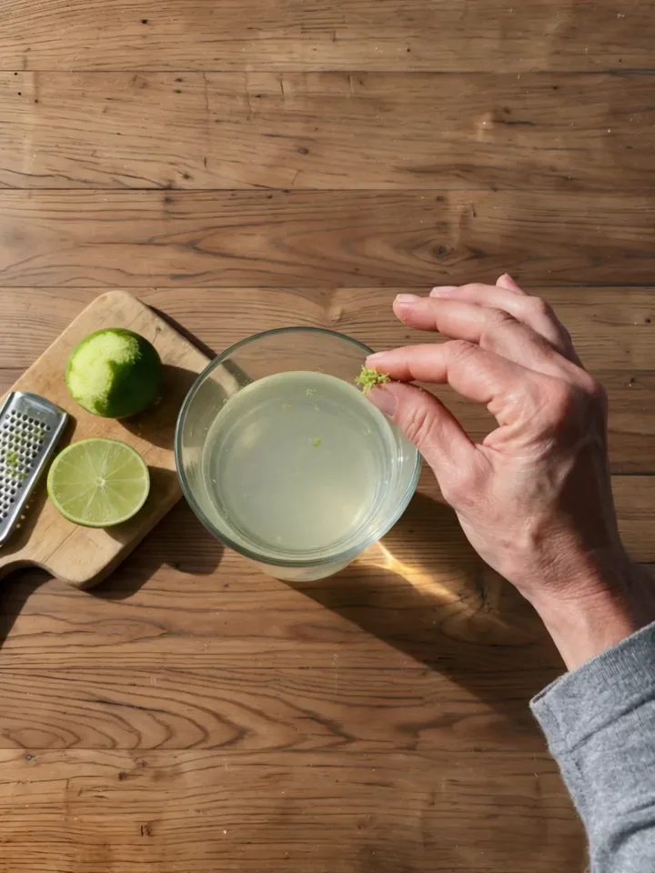 Una mano deja caer ralladura de limón en un vaso de agua tibia, junto a un rallador y un limón