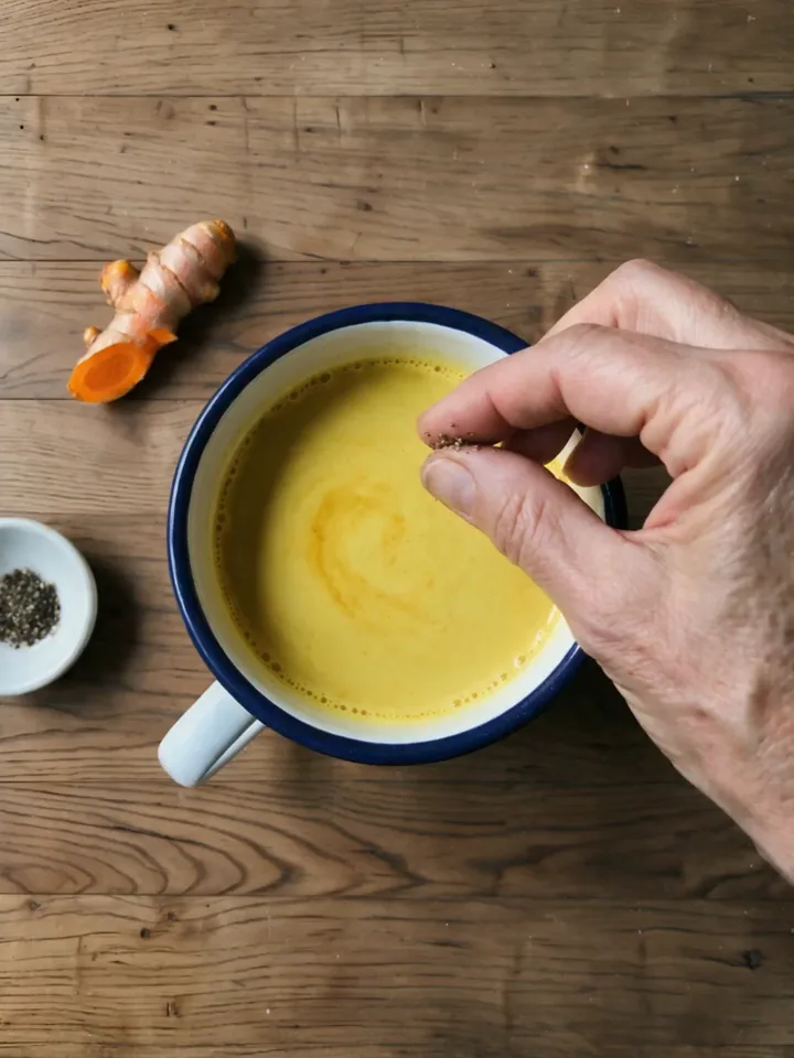 Un pocillo de leche dorada con cúrcuma, y 2 dedos que le sueltan una pizca de pimienta negra