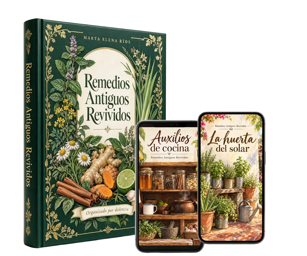 El libro Remedios Antiguos Revividos, de tapa dura, y los 2 libros de regalo en un celular